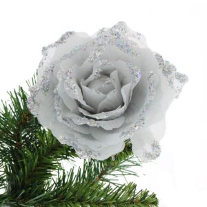 Pack x4 Clip On Glittered Roses Floral Decorations Artificial Flowers Silver 10cm