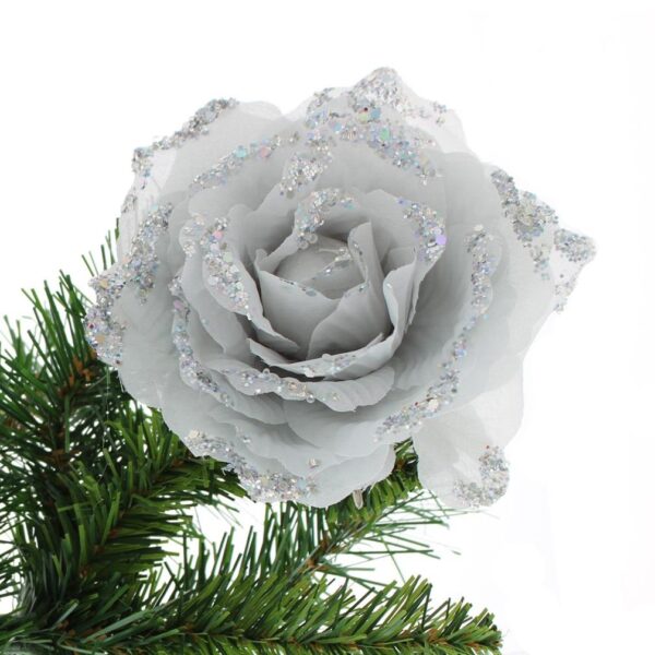 Pack x4 Clip On Glittered Roses Floral Decorations Artificial Flowers Silver 10cm