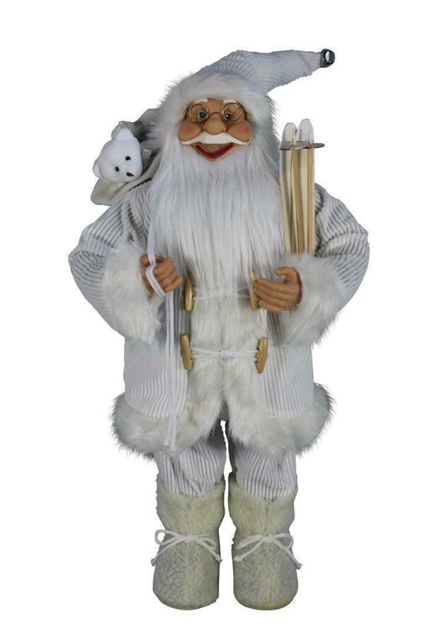 45cm Standing White/Grey Santa Figure & Ski's Christmas Decoration Figurine
