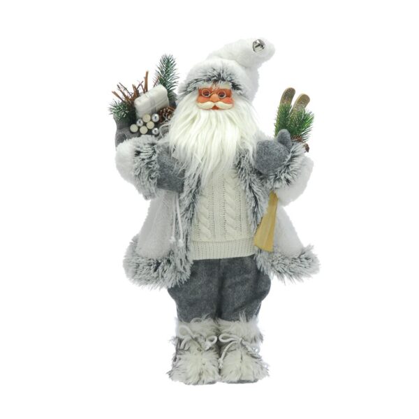 45cm Standing White/Grey Santa Figure & Ski's Christmas Decoration Figurine