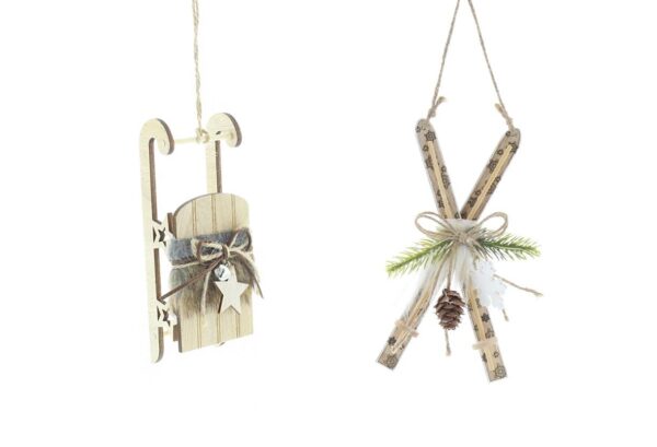Wooden Sleigh & Skis 18cm Christmas Tree Decorations