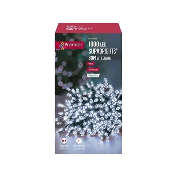1000 LED Supabrights Christmas Lights + Timer Multi-Action White Premier