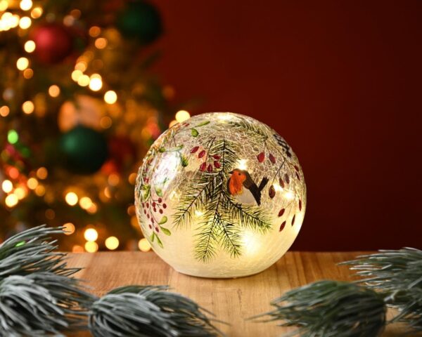 Festive 15cm Battery Operated Robin/Berries Crackle Ball 12 Warm White LEDs
