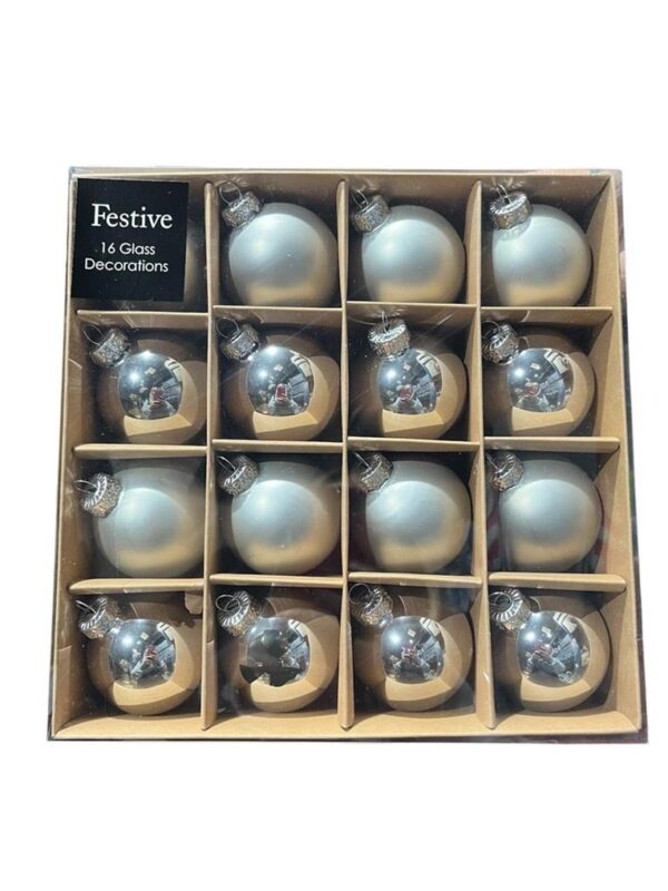 Silver Mix 60mm Traditional Glass Baubles Christmas Decorations Pack 16