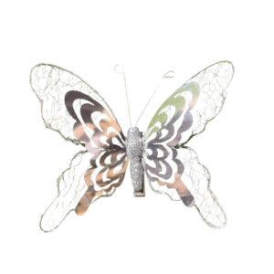 Large Size Metallic Clip On Butterfly Christmas Decoration Silver Pack x3