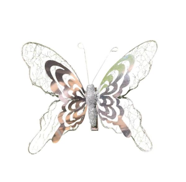 Large Size Metallic Clip On Butterfly Christmas Decoration Silver Pack x3