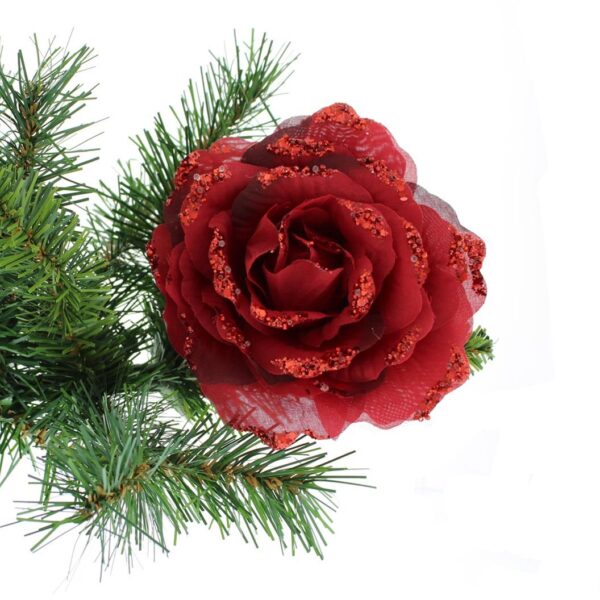 Glittered Roses Floral Christmas Decorations Flowers Red Pack x4 Clip On