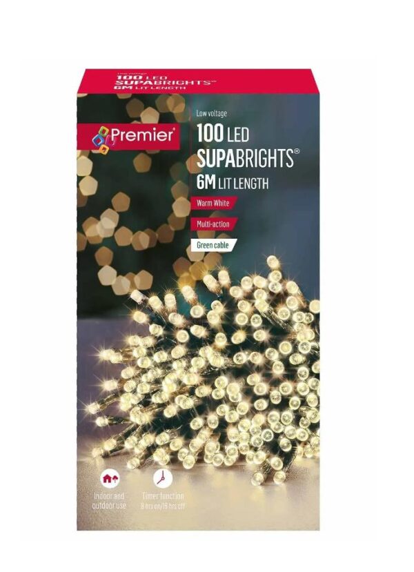 100 Warm White LED Multi-Action Supabrights Christmas + Timer Premier