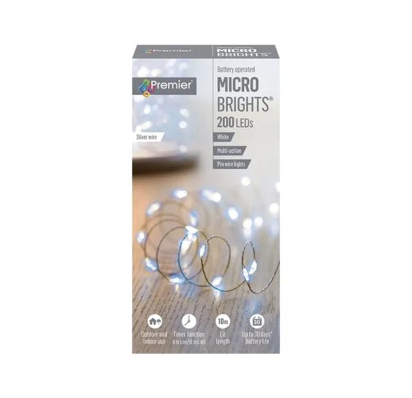 200 Micro Brights Pin Wire White Led's + Timer Premier Batt-Op