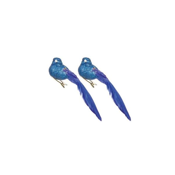 Blue Glitter/Bead Bird + Feather 15cm Pack x2 Christmas Decoration