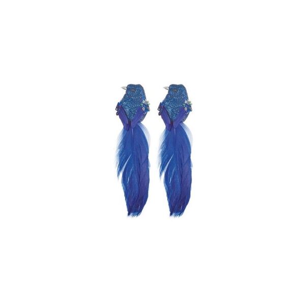 Blue Glitter/Bead Bird + Feather 15cm Pack x2 Christmas Decoration
