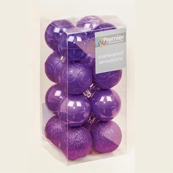 Purple Mix 50mm Shatterproof Baubles Christmas Tree Decorations Themed x16