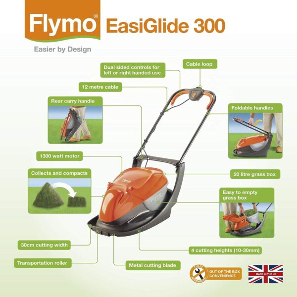 Flymo Easy Glide 300 Electric Hover Lawn Mower 1300 watt Collecting Mower
