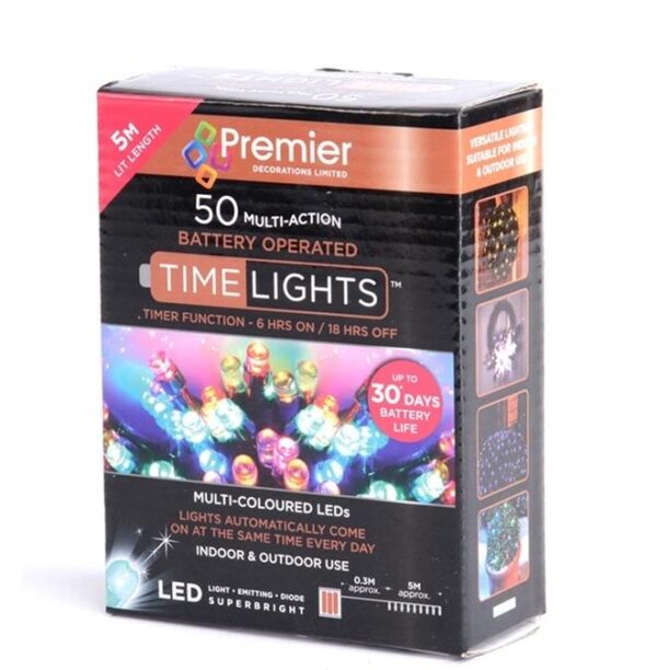 50 Multi-Colour Led Battery-Op Christmas Fairy Lights In/Outdoor Use + Timer