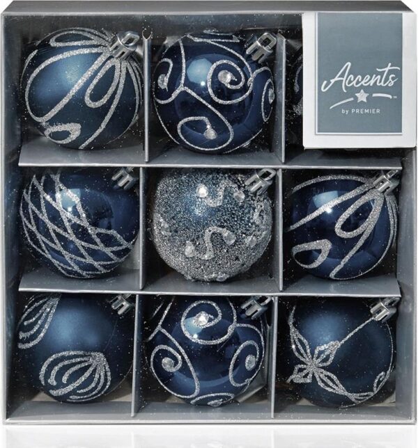 Midnight Blue Decorated Bauble Christmas Tree Decorations 60mm Pack x9 Assorted