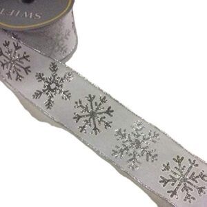 10yd Roll 'Silver Snowflakes' Quality Fabric Wire Edge Christmas Ribbon 2.5in Wide