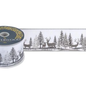 9m Roll 'Reindeer/Tree Fabric Wire Edge Christmas Ribbon 2.5" Wide 679166