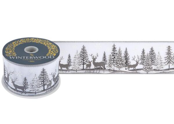 9m Roll 'Reindeer/Tree Fabric Wire Edge Christmas Ribbon 2.5" Wide 679166