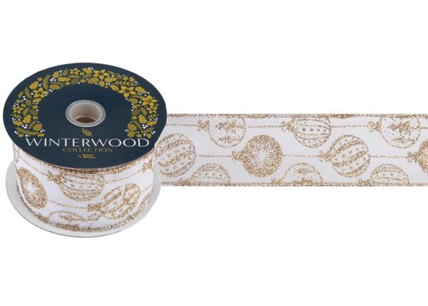9m Roll ' Champagne Gold Bauble' Fabric Wire Edge Christmas Ribbon 50mm Wide
