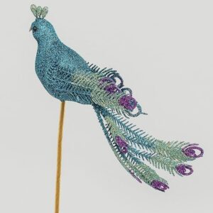 Blue/Green Peacocks On A Stick Christmas Decoration Birds Pair 21cm