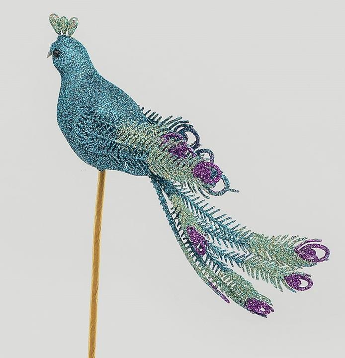 Blue/Green Peacocks On A Stick Christmas Decoration Birds Pair 21cm