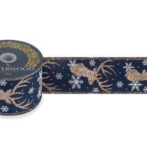 9mtr Roll Navy Blue/Gold Reindeer Fabric Wire Edge Christmas Ribbon 2.5" Wide