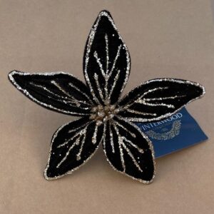 Pack 4 Clip On Flowers Floral Christmas Decorations Poinsettia Black/Gold 10cm