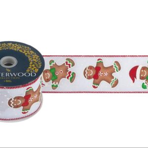 Gingerbread Man Christmas Fabric Wire Edge Ribbon 2.5" Wide 9m Roll
