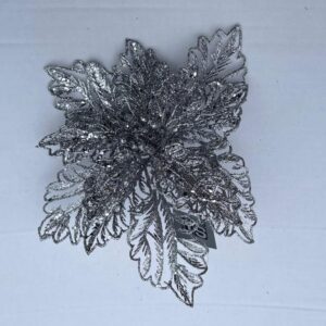 Clip On Flower Floral Christmas Decorations Mesh Poinsettia Silver 9" Pack 4