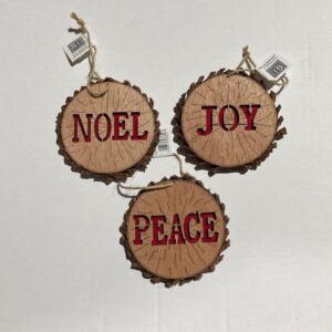 Set x3 Log Wood Effect Christmas Tree Decorations Peace, Noel, Joy 10cm