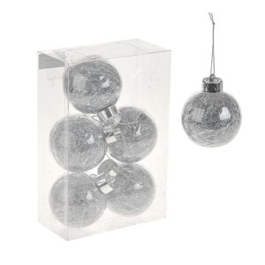80mm Tinsel Fill Silver Baubles Christmas Tree Decorations Pack x6