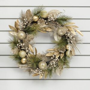 New Deluxe Gold Glitter Mixed Foliage Wreath 60cm Christmas Decoration
