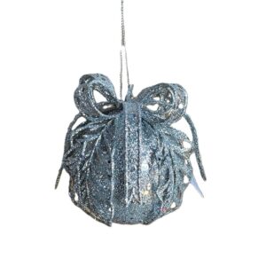 80mm Hanging Ball With Bow Christmas Ornament Decorations Pack x4 SILVER