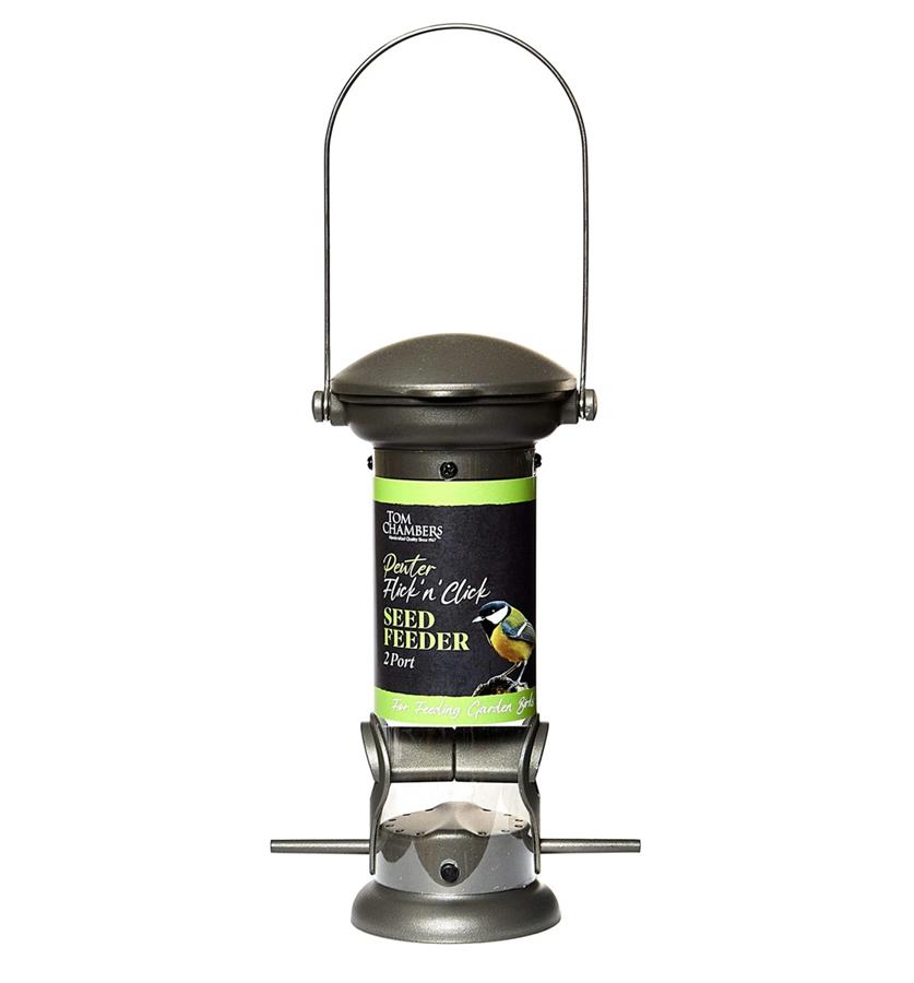 Tom Chambers Pewter Flick 'n' Click Seed Feeder 2-Port