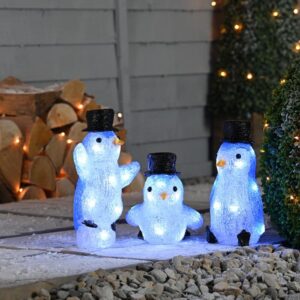 Festive Set x 3 LED Lit Acrylic Penguins In Top Hats