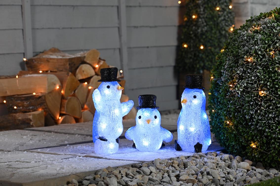 Festive Set x 3 LED Lit Acrylic Penguins In Top Hats