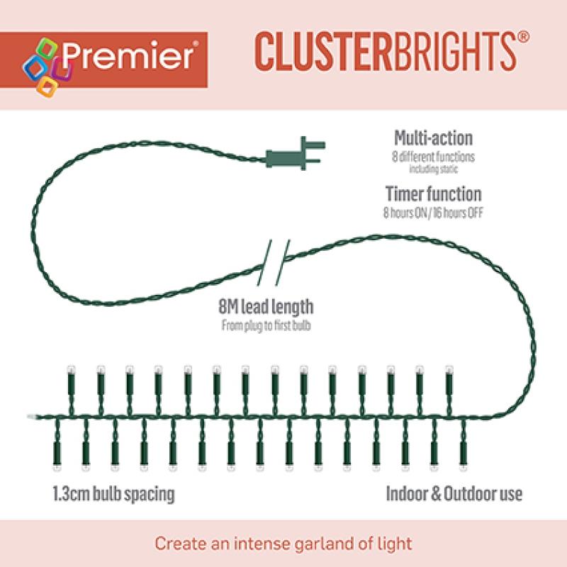 Premier 720 LED Cluster Christmas Lights & Timer Cool & Warm White Mix (Clear Cable) - Image 3