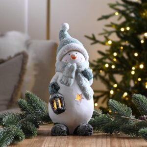 Snowman in Hat + Lantern B/O LED Lit 21cm Ceramic