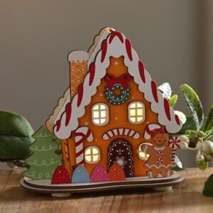 Wooden Candy Cane Gingerbread House LED Lit B/O 13cm