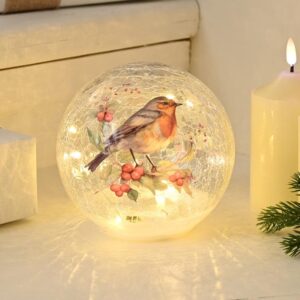 20cm Battery Operated Warm White LED Crackle Effect Ball Christmas Decoration Robin On Branch P050913