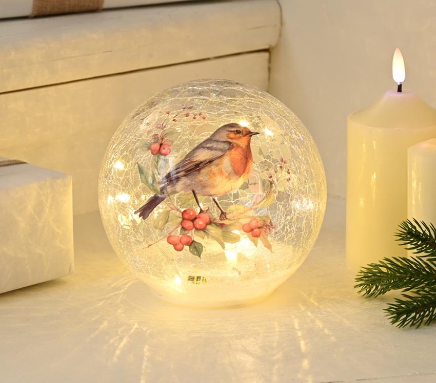 20cm Battery Operated Warm White LED Crackle Effect Ball Christmas Decoration Robin On Branch P050913